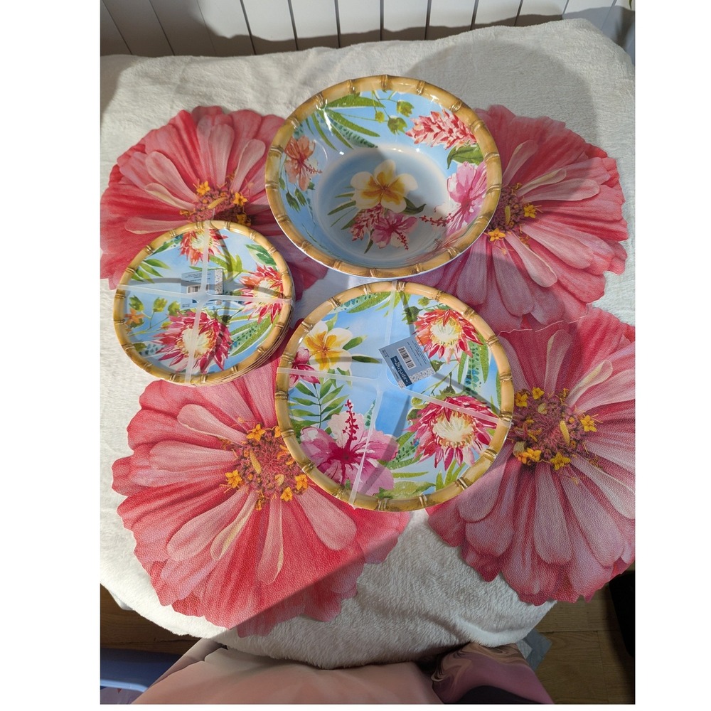 The Spring Shop Melamine Dinnerware Set OS Blue New Tropical Floral 13pc Set